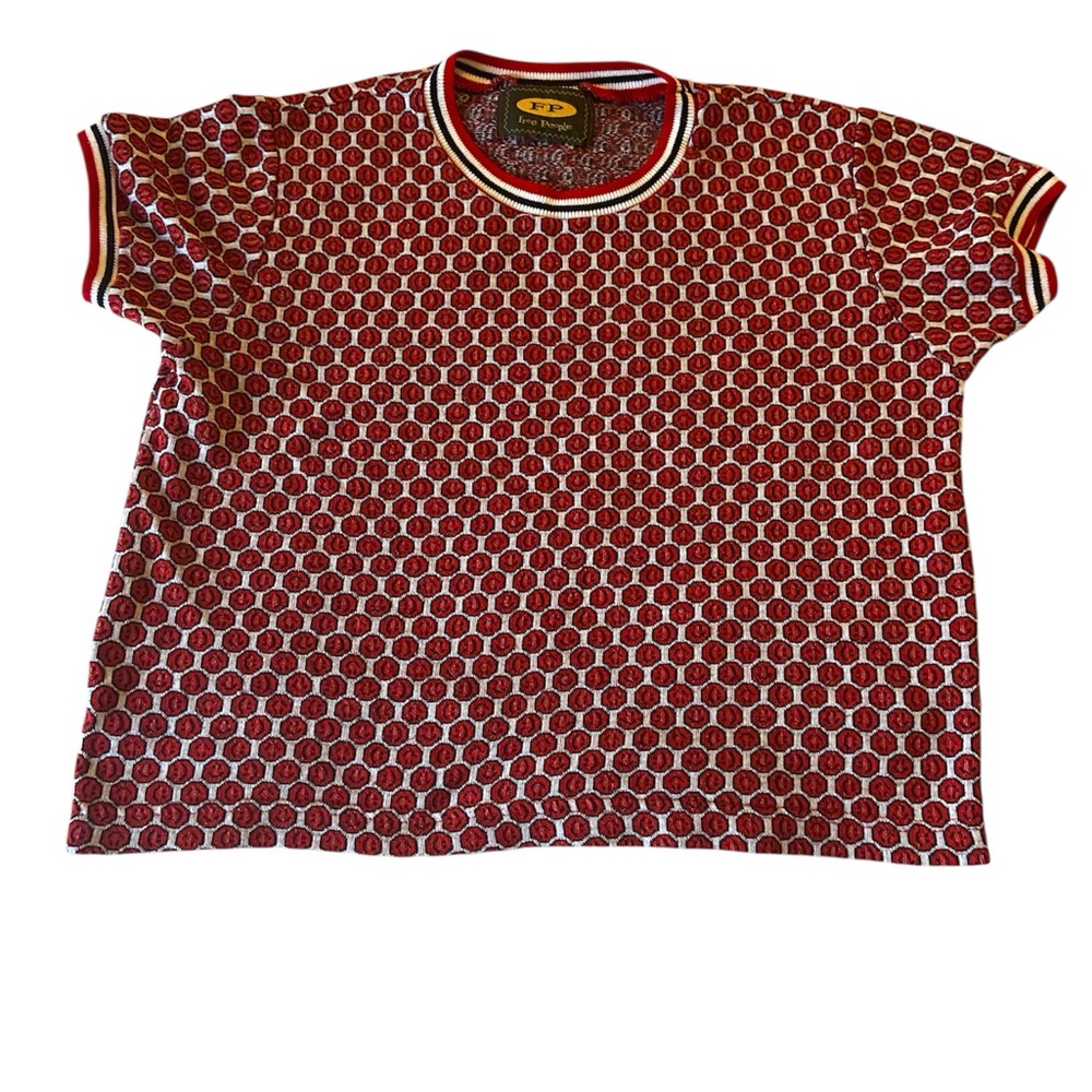 Vintage Free People Smiley Face Emoji Short Sleeve Tee with Striped Trim